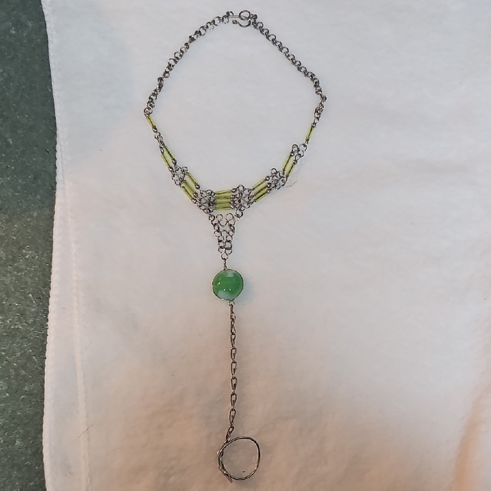 Green and Silver Ankle Bracelet with Toe Ring